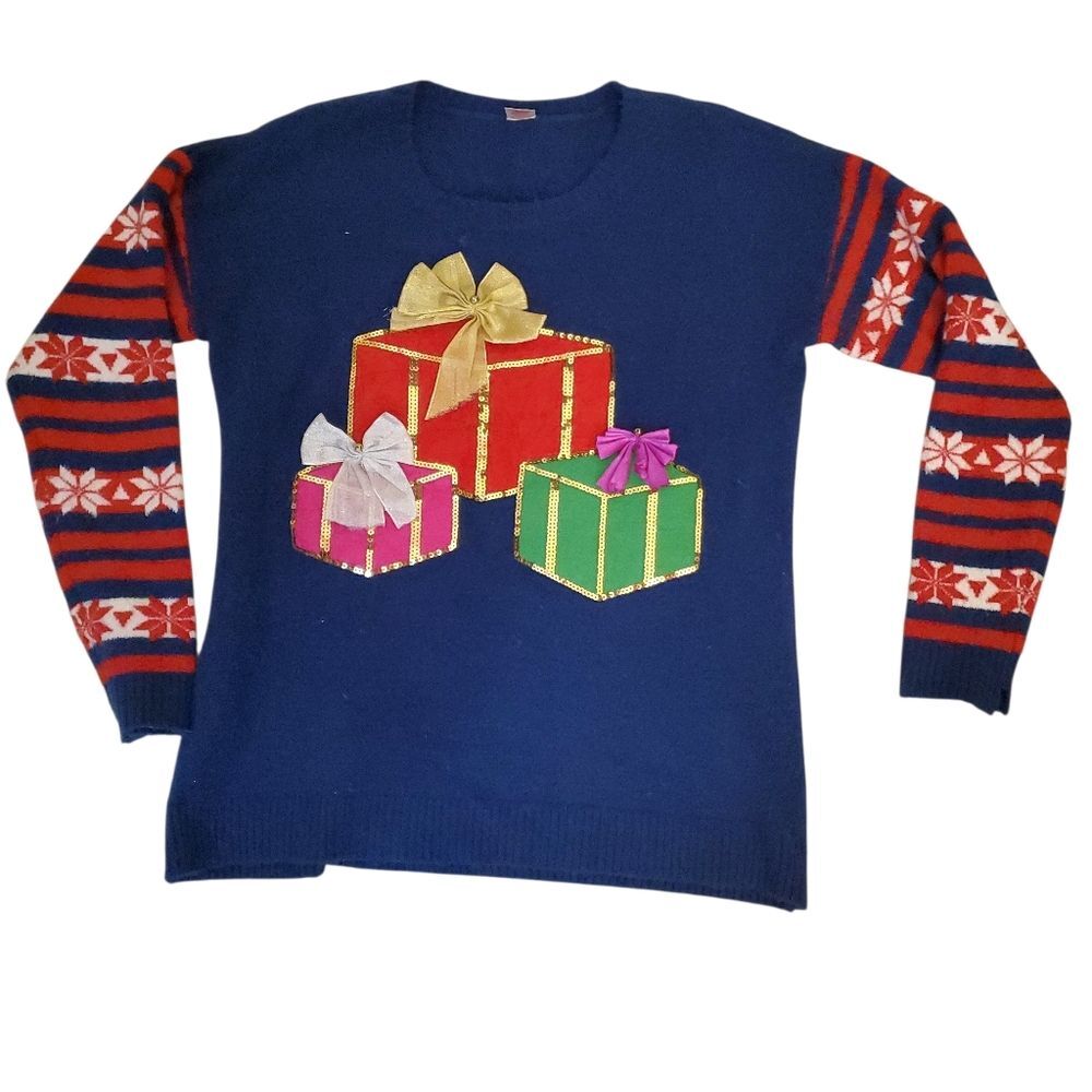 Ugly Christmas Sweater with Sequins Bows Gift Box Design Size L Large